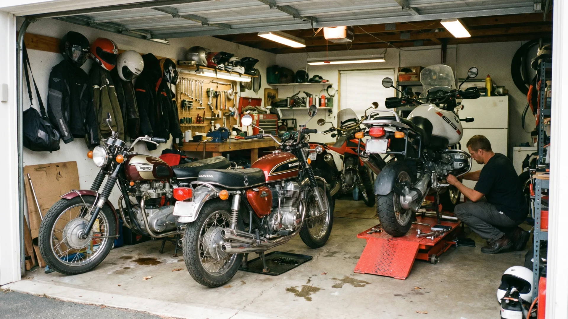Firefly Gemini Flash Give me a scene with a motorcycle for a page about motorcycle more like a garage or 390856