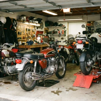 Firefly Gemini Flash Give me a scene with a motorcycle for a page about motorcycle more like a garage or 390856